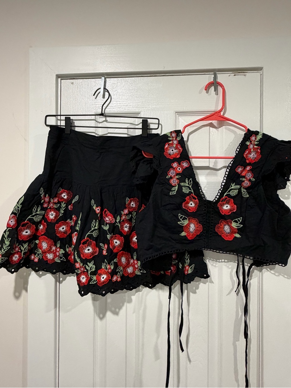 Anthropologie Black Two-Piece Skirt Set with Red Floral Embroidery